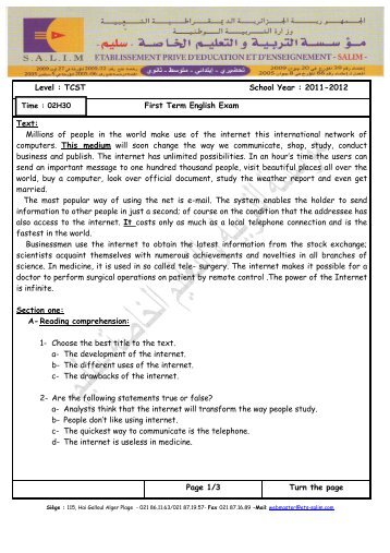 Level : TCST School Year : 2011-2012 First Term English Exam Text ...