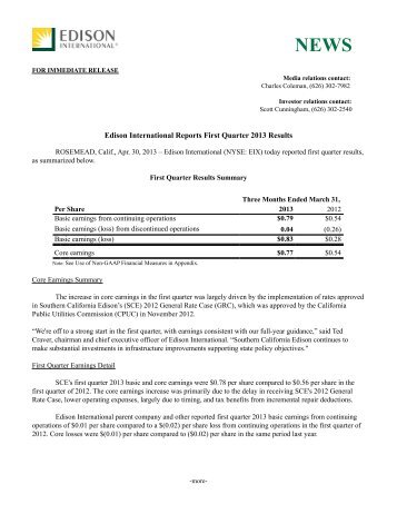 Edison International Reports First Quarter 2013 Results