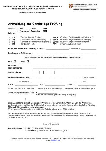 Merkblatt für die Anmeldung zur  Cambridge-Prüfung 2011