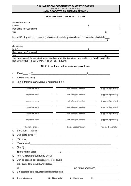 V Modulo Di Autocertificazione Generica Per Minorenni Comune Di