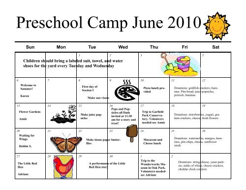 Preschool June 2010 calendar