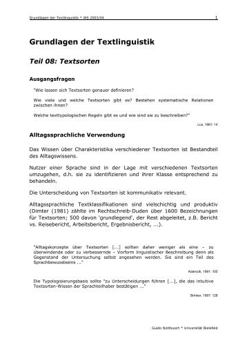 Grundlagen der Textlinguistik Teil 08: Textsorten - Universität Bielefeld