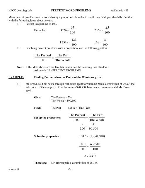 Percent Word Problems - The Learning Lab at HFCC