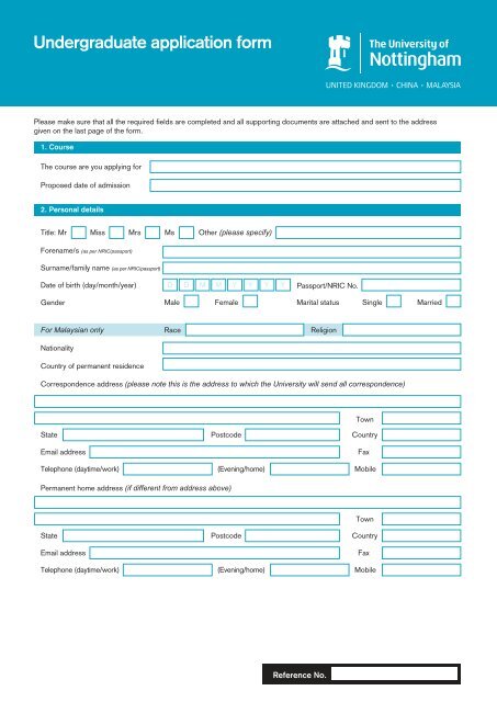 Undergraduate application form - The University of Nottingham ...