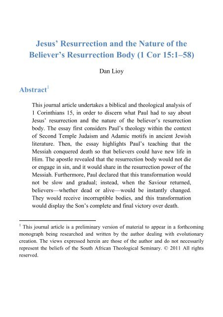 Jesus' Resurrection and the Nature of the Believer's Resurrection ...