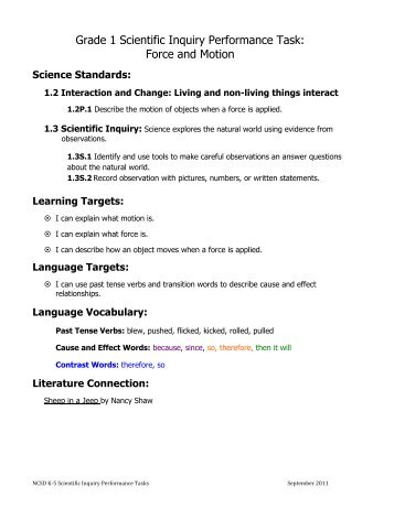 Grade 1 Scientific Inquiry Performance Task: Force and Motion