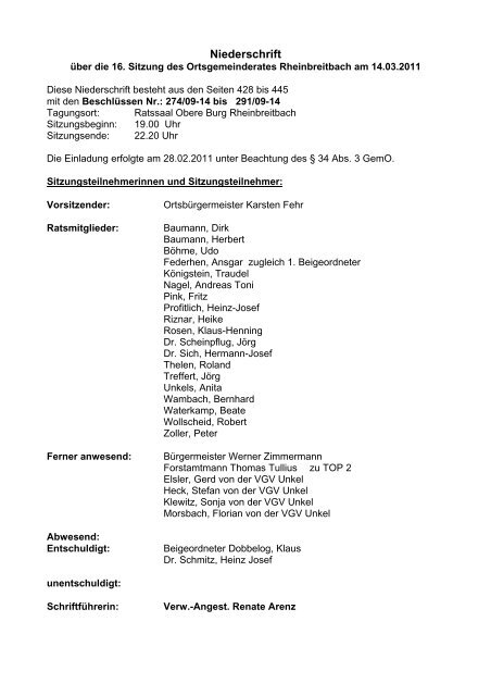 Niederschrift der Ratssitzung vom 14.03.2011 - Aktuelles