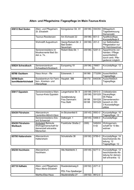 Alten- und Pflegeheime /Tagespflege im Main ... - Kliniken des MTK