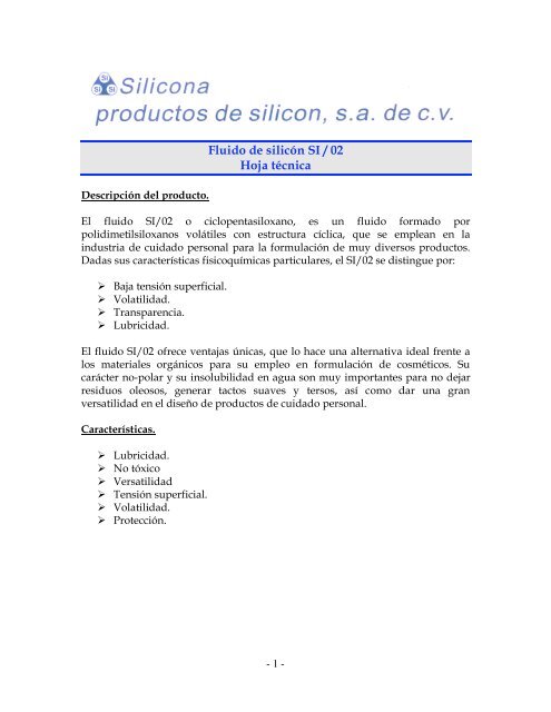 Fluido de silicÃ³n SI / 02 Hoja tÃ©cnica - Silicona.com.mx