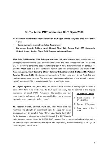 BILT â Aircel PGTI announce BILT Open 2009 - Avantha Group