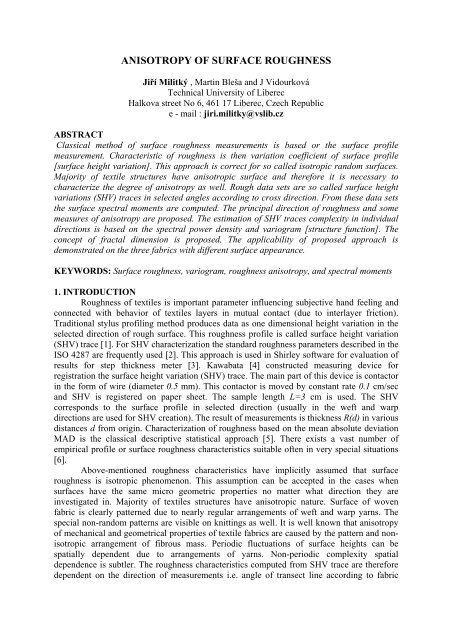 ANISOTROPY OF SURFACE ROUGHNESS - Centrum Textil