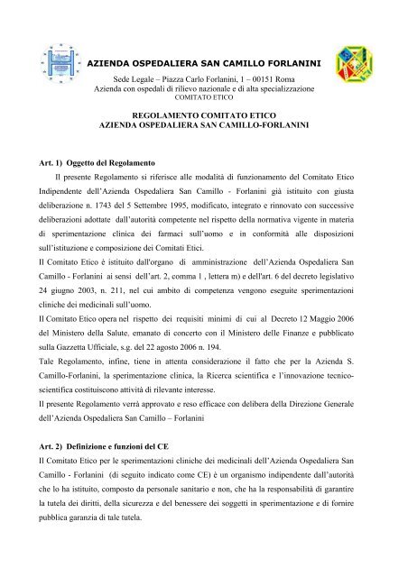 Il regolamento - Azienda Ospedaliera S.Camillo-Forlanini