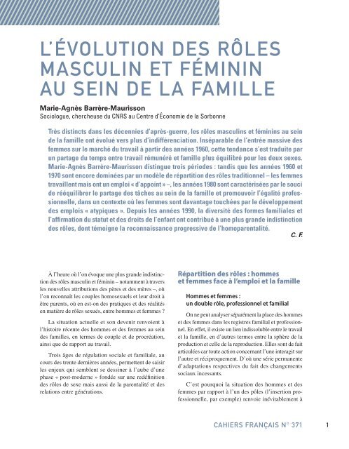 L'Ã©voLution des rÃ´Les masCuLin et fÃ©minin au sein de La famiLLe