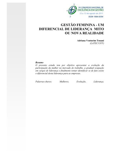 gestÃ£o feminina - um diferencial de lideranÃ§a mito ou nova realidade