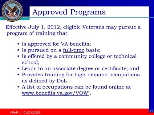 Veterans Retraining Assistance Program