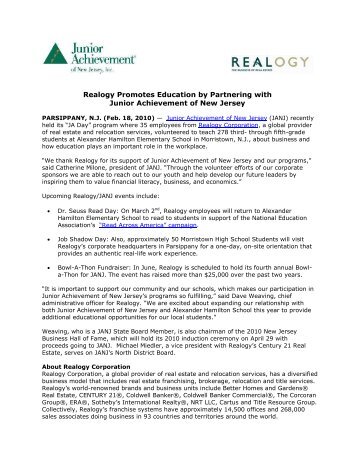 Realogy promotes education in Parsippan - Junior Achievement of ...