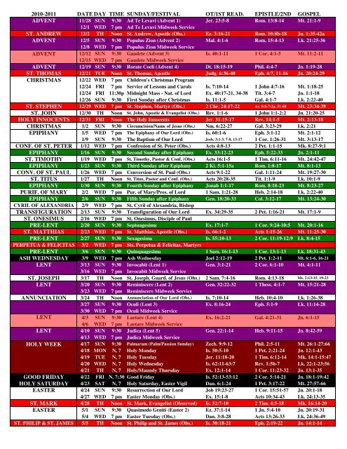 Church Year Calendar 2010-2011 - Peace Lutheran Church