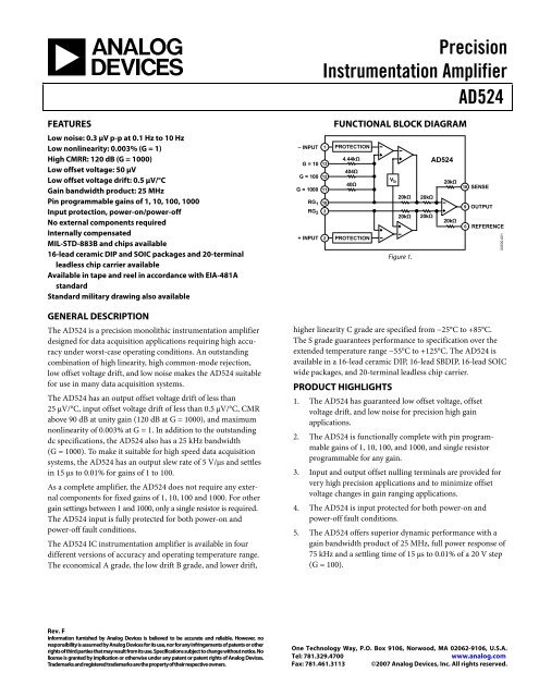 AD524 Precision Instrumentation Amplifier Data ... - Analog Devices