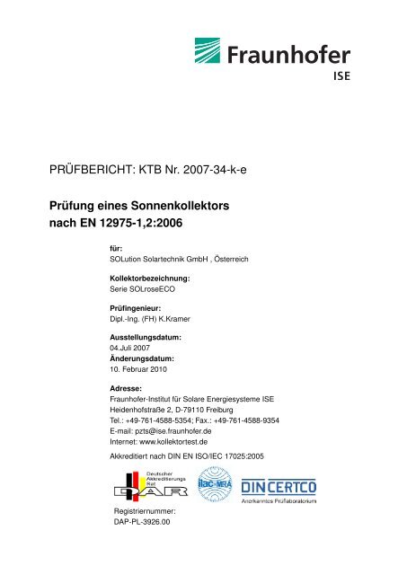 Prüfung eines Sonnenkollektors nach EN 12975-1,2:2006