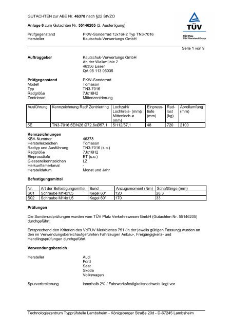 GUTACHTEN zur ABE Nr. 46378 nach §22 StVZO ... - Tomason