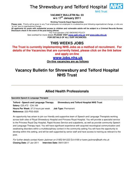 Vacancy Bulletin for Shrewsbury and Telford Hospital NHS Trust