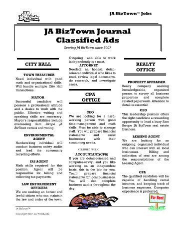 JA BizTown Journal Classified Ads