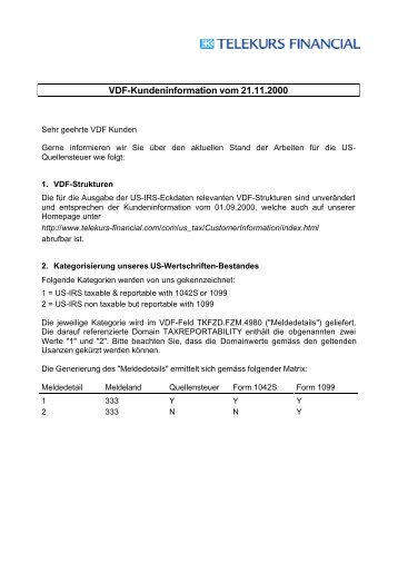 VDF-Kundeninformation vom 21.11.2000 - SIX Financial Information