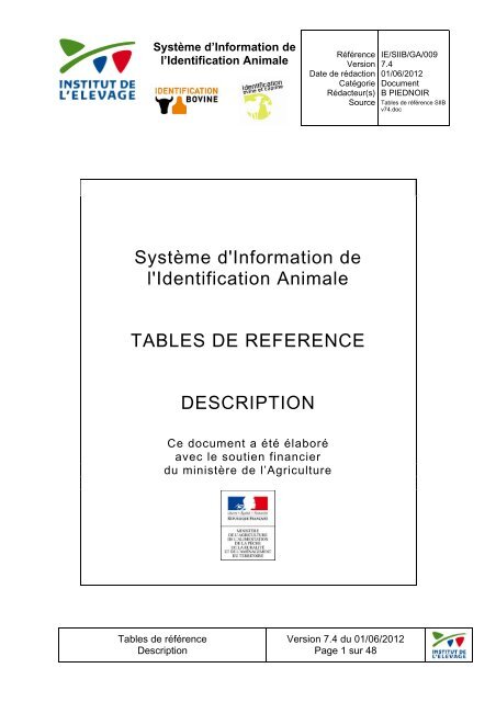 Tables de reference SIIB v74 - Institut de l'Elevage