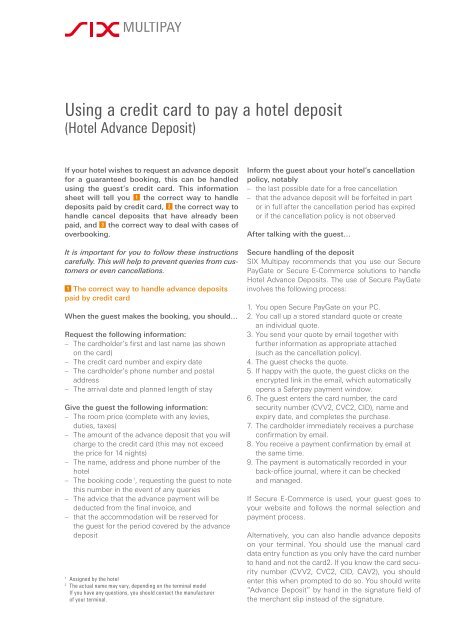 Using a credit card to pay a hotel deposit - SIX Financial Information