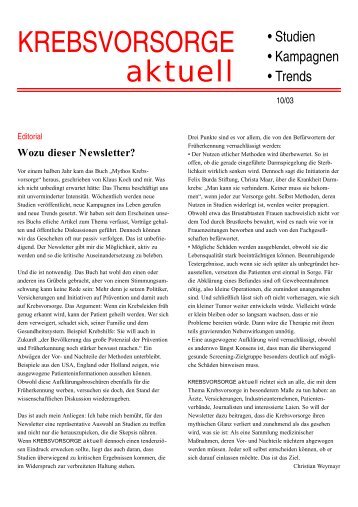 Newsletter "Krebsvorsorge aktuell" - Christian Weymayr.