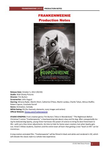 FRANKENWEENIE Production Notes - Visual Hollywood