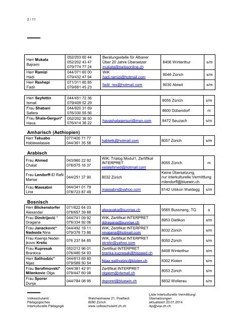 Liste von Ãbersetzerinnen und Ãbersetzern und ... - Volksschulamt