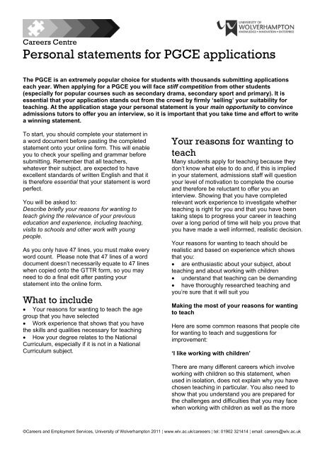 Personal statements for PGCE applications - University of ...