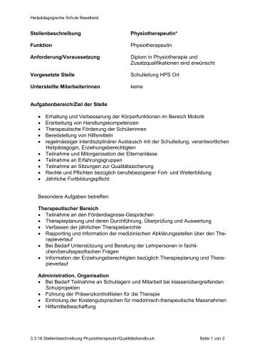 Stellenbeschreibung Physiotherapeutin* Funktion ... - Hps-bl.ch