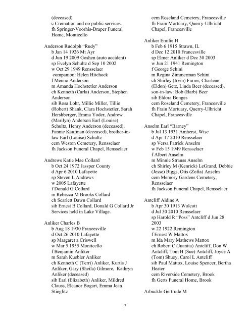 Area Obituaries 2008 - 2010 (.pdf) - Jasper County, Indiana