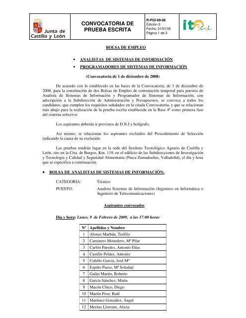 CONVOCATORIA DE PRUEBA ESCRITA - ITACyL