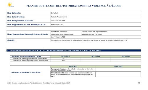 PLAN DE LUTTE POUR PRÉVENIR ET COMBATTRE L INTIMIDATION ET LA VIOLENCE ...