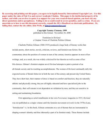 herland essay Charlotte perkins gilman, the man-made world, 17 charlotte perkins gilman, his religion and hers: a study of the faith of our fathers and the work of our mothers (new york: the century co, 1923), 57-78. herland essay Charlotte perkins gilman, the man-made world, 17 charlotte perkins gilman, his religion and hers: a study of the faith of our fathers and the work of our mothers (new york: the century co, 1923), 57-78.