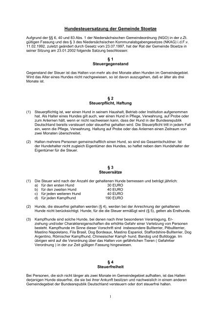 Hundesteuersatzung der Gemeinde Stoetze - Samtgemeinde Rosche