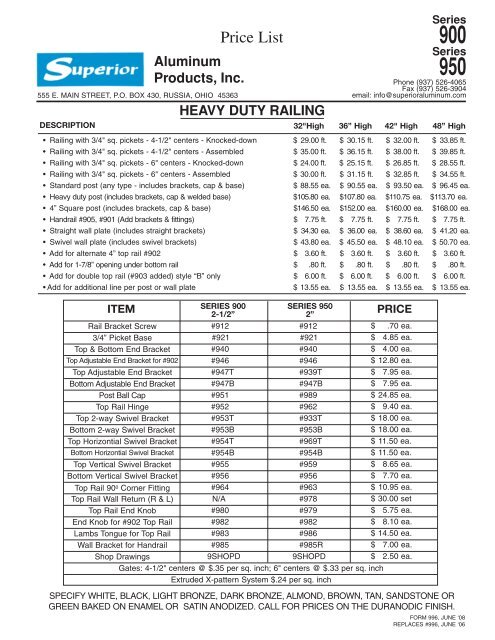 Price List - Superior Aluminum Products