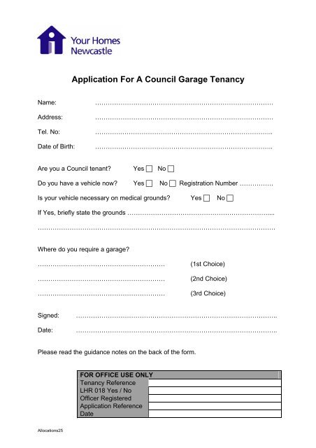 Application For A Council Garage Tenancy