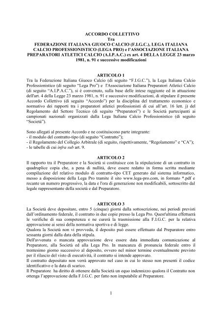 Accordo Collettivo Preparatori Atletici Professionisti - Diritto Calcistico