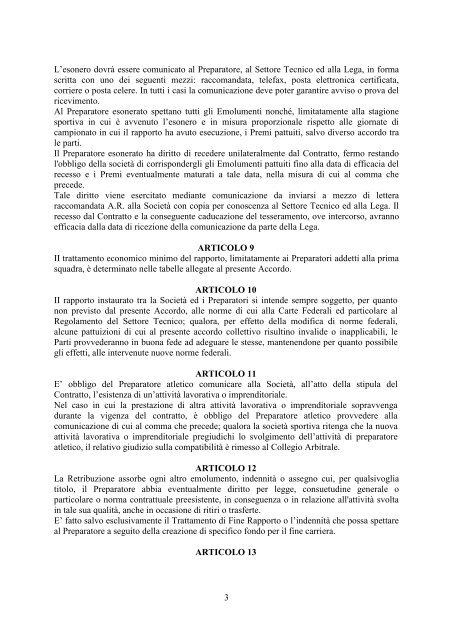 Accordo Collettivo Preparatori Atletici Professionisti - Diritto Calcistico