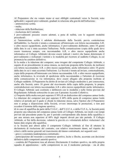 Accordo Collettivo Preparatori Atletici Professionisti - Diritto Calcistico