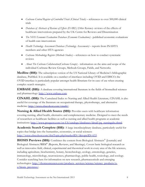 HTA on the Net 2013.pdf - Institute of Health Economics