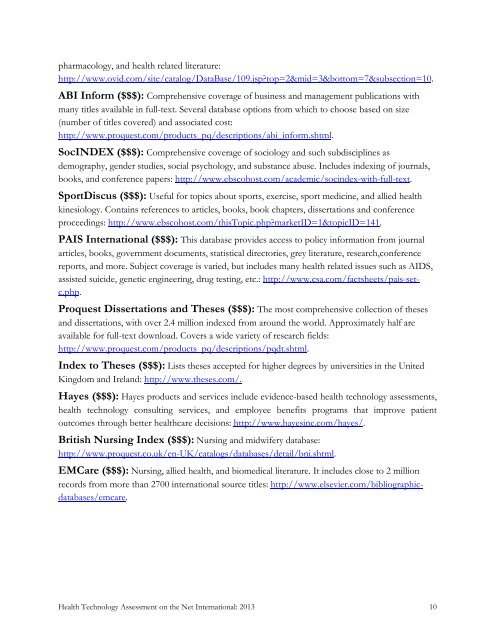 HTA on the Net 2013.pdf - Institute of Health Economics