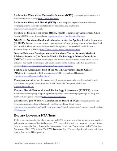 HTA on the Net 2013.pdf - Institute of Health Economics