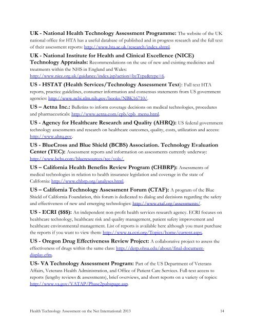 HTA on the Net 2013.pdf - Institute of Health Economics