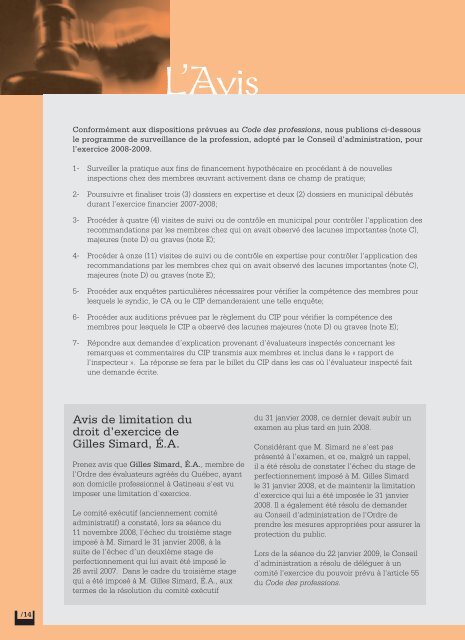 avril 2009 - Ordre des évaluateurs agréés du Québec