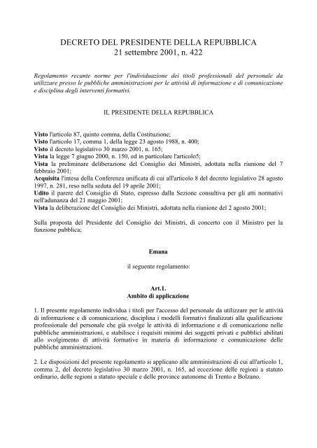 Decreto del Presidente della Repubblica 21 settembre 2001 n. 422